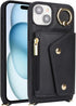iPhone 15 Plus Case with Card Holder and Strap - Cute Phone Wallet Case for Women, Zipper Pocket, Stand Ring (Black,