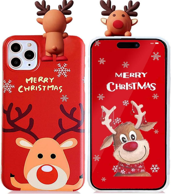 Christmas iPhone 15 Pro Max Case (Red) - Merry Christmas 3D Cute Snowman Santa/Elk Antlers Soft Silicone TPU