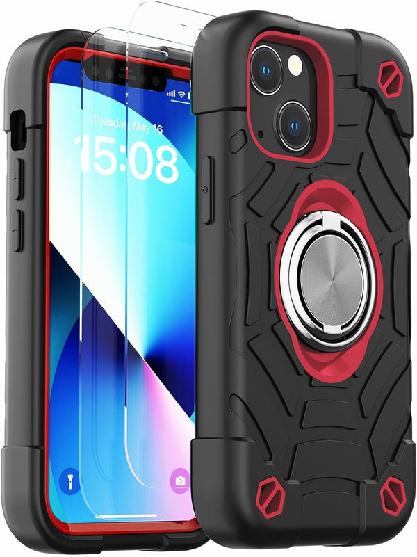 KCJ for iPhone 13 Mini/12 Mini Case 5.4 Inch with Ring Holder, 2 Pack Screen Protector + Camera Lens Protector