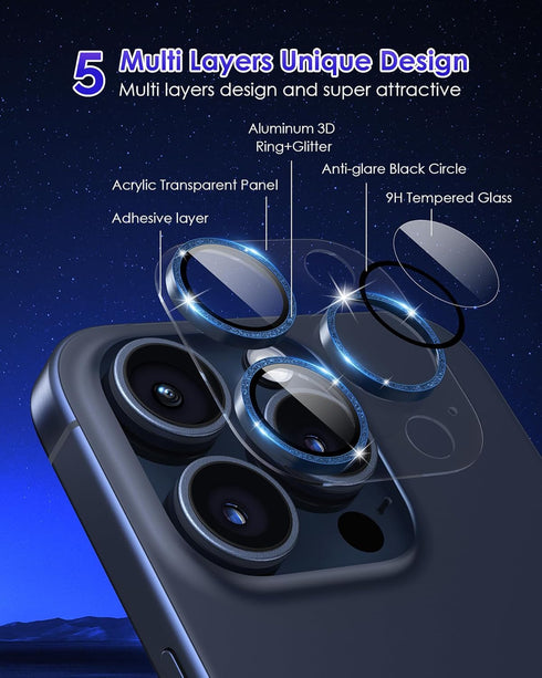 Glitter Camera Lens Protector for iPhone 15 Pro/Pro Max, Clear Acrylic Plus Aluminium Alloy Ring, 9H Tempered Glass