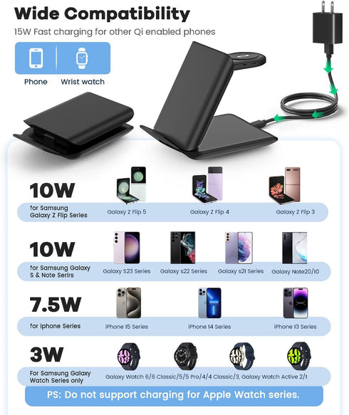 Fast Wireless Charger for Samsung - 2 in 1 Foldable Travel Charging Station, Compatible with Samsung Galaxy Z Flip