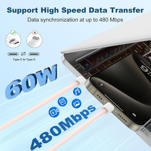 Extra Long USB C to USB C Cable 10FT/6FT/3FT, 60W Fast Charging Braided Cord for MacBook Pro, iPhone 15, Galaxy S23.