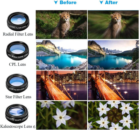 15 in 1 Universal Phone Camera Lens Kit, 18X Telephoto, Wide Angle, Macro, Fisheye, CPL/Flow/Star/Radial Filters