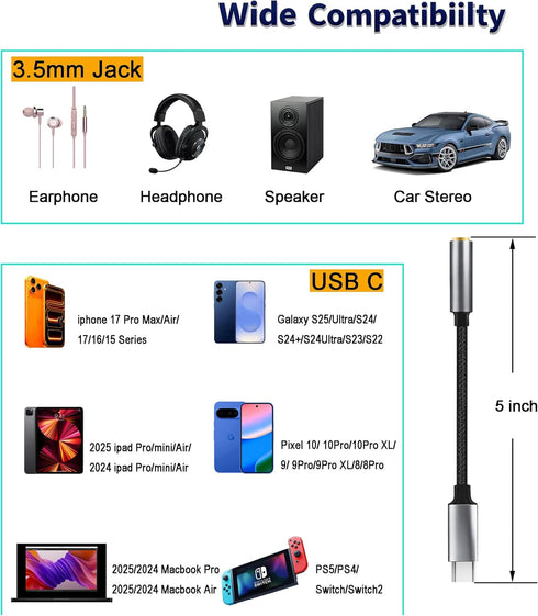 RIAYVIL 3.5mm USB-C to Headphone Jack Adapter,Type-C to Aux Audio Female Adapter