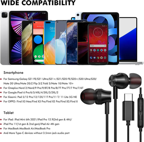 USB C Earbuds for Google Pixel 8 8A 7 Pro 7A 6A 6, Wired Type C Earphones with Microphone for Samsung S22 Ultra