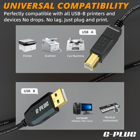 2.0 10FT G-PLUG USB Printer Cable High-Speed USB A to B Cord, Compatible with Printers, Scanners, Fax Machines and More
