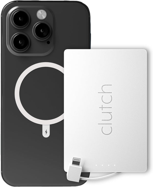 Clutch Pro Portable Charger - 5000mAh Power Bank for iPhone 14 & Older, Magnetic Battery, TSA Approved (White)