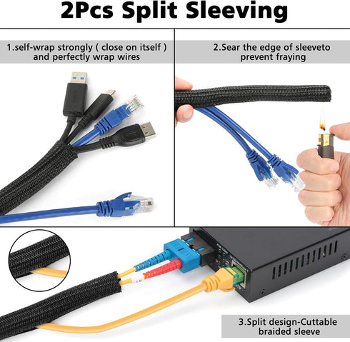 Cable Management Organizer Kit, 2 Cable Sleeve Split with 41 Self Adhesive Cable Clips, 100 Fastening Cable Ties