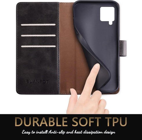 SUANPOT Samsung Galaxy A42 5G Wallet Case, RFID Blocking Leather Flip Folio, Shockproof Cover for Men Women (Black)