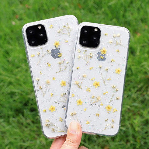 iPhone 15 Plus Flower Case: Soft Clear Rubber with Real Flowers, Glitter Floral Design, Yellow Cover for Girls.