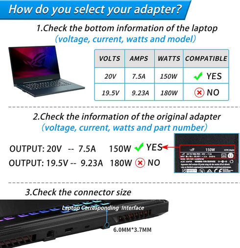 VHBW Replacement for Asus TUF 150W Charger, Compatible with ROG Strix Scar III G531GT G531GD and FX505 Series