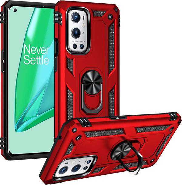 Military Grade Shockproof Case for Oneplus 9 Pro, 360 Metal Rotating Ring Kickstand Holder, Heavy Duty Red