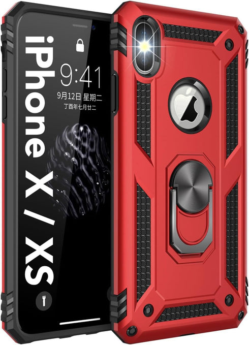 Korecase Dual Layer Case for iPhone X, iPhone Xs, Military Armor Protection with 360 Degree Swivel Ring Kickstand, Red