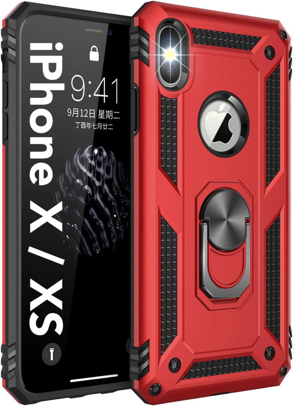 Korecase Dual Layer Case for iPhone X, iPhone Xs, Military Armor Protection with 360 Degree Swivel Ring Kickstand, Red