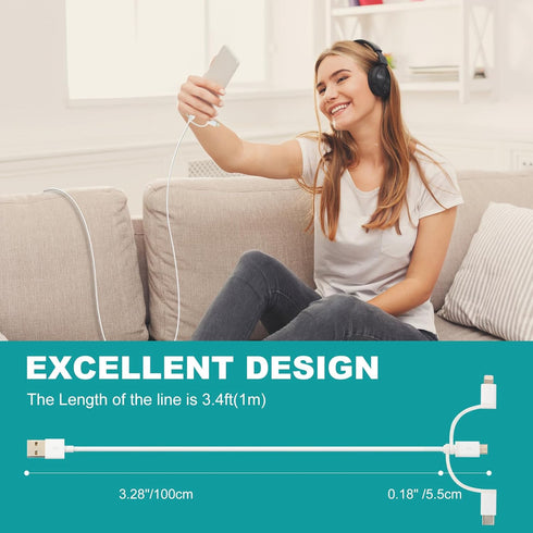 3 in 1 Charge & Sync Cable for Phone 15/14, iPad, HTC, LG, Samsung Galaxy, Sony Xperia and More (2 Pack, 3.4ft)