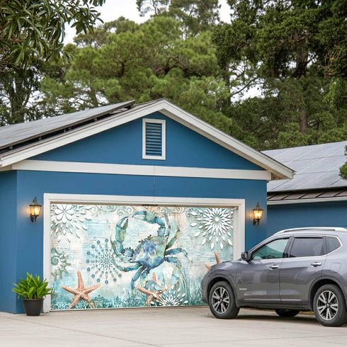 GNAKT AREWG 13x6ft Summer Garage Door Banner Cover Coastal Crabs Starfish Waterweed Garage Door Decoratons Banner
