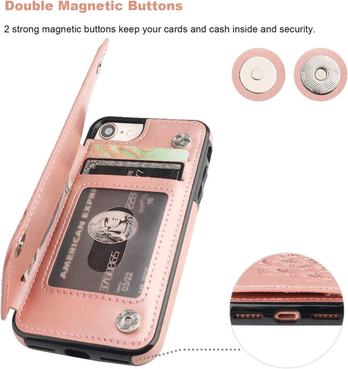 Vaburs Wallet Case for iPhone SE(2022)/SE(2020)/8/7, Card Holder, Embossed Mandala Pattern, Rose Gold
