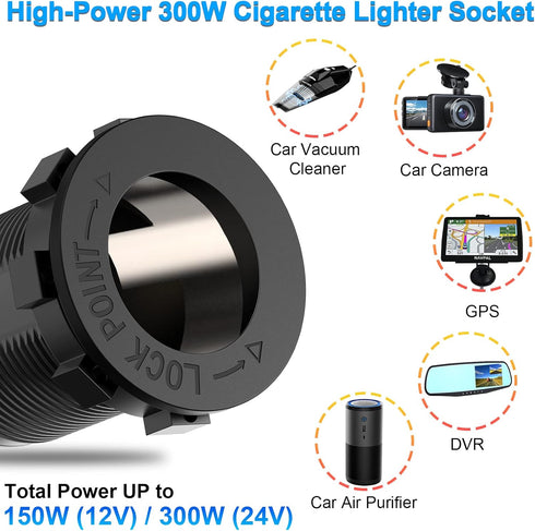 Cigarette Lighter Socket 12V Power Outlet, Qidoe Aluminum 40W Dual QC3.0 USB Charger Socket with LED Voltmeter Switch,