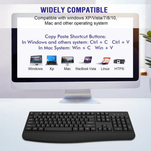 Wireless Keyboard, 2.4G Full-Sized Ergonomic Computer Keyboard with Wrist Rest for Windows, Mac OS, Laptop/PC/Desktop
