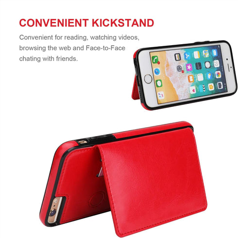 KIHUWEY iPhone 6 Plus/6S Plus Wallet Case with Credit Card Holder, Premium Leather Kickstand Protective Cover (Red)