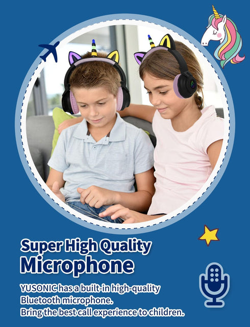 Unicorn Bluetooth Headphones for Girls, Foldable Light Up Kids Wireless Headphones for Toddlers, Birthday Gifts (Black)