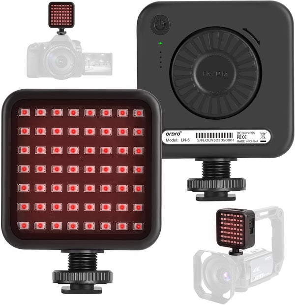 Ordro LN-5 Mini IR Night Vision Light for Video Camera, Built-in Rechargeable Battery, 3 Cold Shoe Mounts
