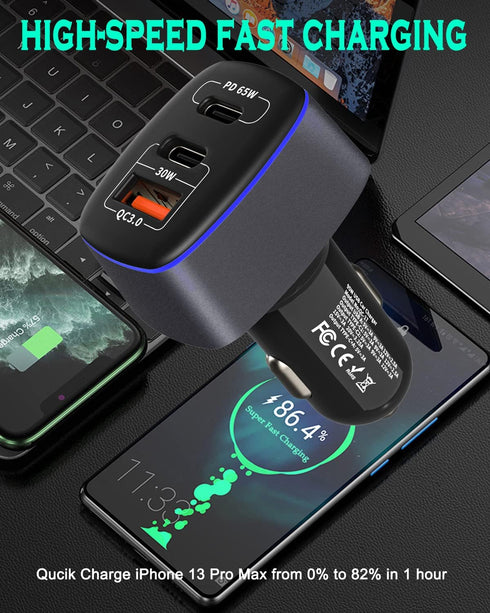 USB C Car Charger 95W, 3-Port PD 65W Fast Car Charger for iPhone, Samsung Galaxy, Google Pixel, MacBook