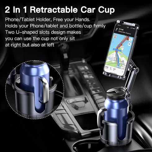 2 in 1 Car Cup Holder Phone Tablet Mount, Adjustable Long Arm with 360° Rotation for All Smartphones and Tablets