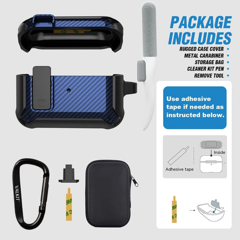 Valkit Airpods Pro Case with Lock Clip, Carbon Fiber Texture Cover with Keychain for Men Women, Black/Blue