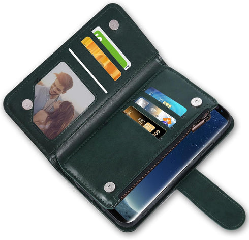 Asuwish Wallet Case for Samsung Galaxy S8 - Dark Green Leather Flip with Tempered Glass & Card Holder Stand.