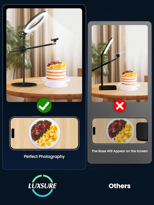 LUXSURE Ring Light with Stand - Overhead Camera/Phone Mount, 10.5" Ring Light for iPhone, Adjustable Lighting for Video