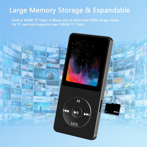 SKYBESS 64GB MP3 Player with Bluetooth, Portable HiFi Lossless Music Player with HD Speaker and Alarm Clock