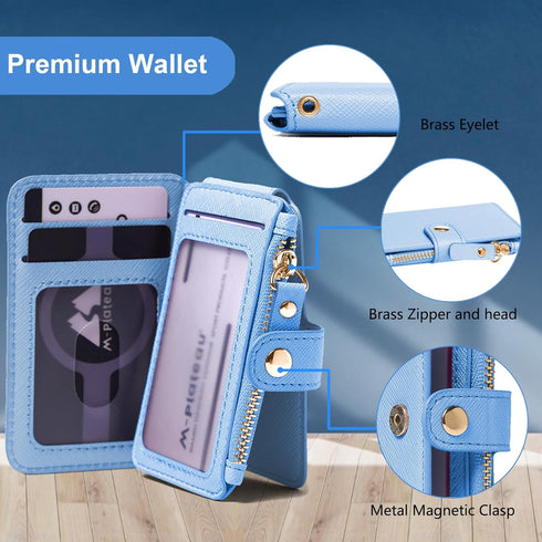 M-Plateau RFID Blocking Phone Wallet Stick on Leather, Attachable Card Holder for Most Smartphones (Sky Blue)