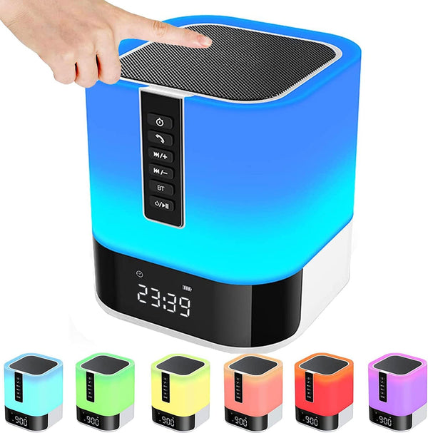 Night Light Bluetooth Speaker, HD Stereo Sound, Wireless Alarm Clock with Multicolor Changing Bedside Lamp