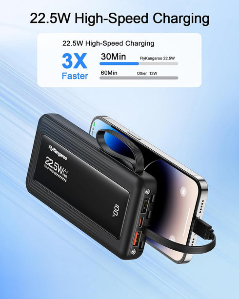 FlyKangaroo 10000mAh 22.5W Pack 6 2 Portable Charger with Built in Cables, Slim Fast Charging Power Bank USB C LED