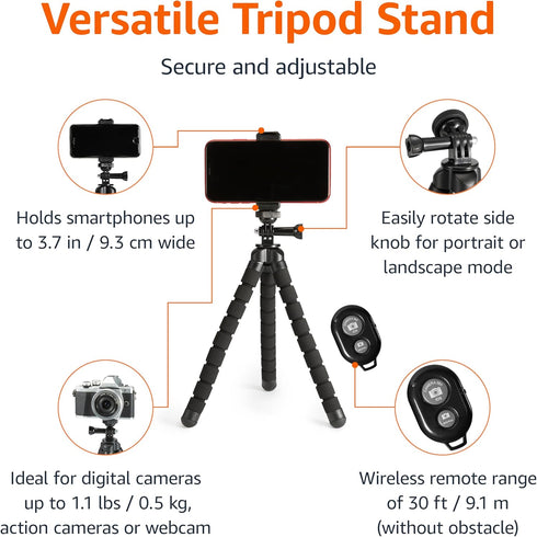 Amazon Basics 10-inch, Portable and Flexible Tripod with Wireless Remote and Smartphone Clamp, Black