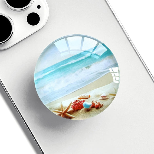 Translucent Clear Phone Grip with Expanding Kickstand, Cell Phone Collapsible Stand Beach Ocean Starfish Design for