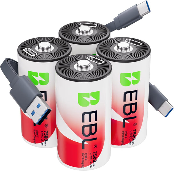 EBL Rechargeable C Batteries 7500mWh 1.5V Lithium USB-C Cable 1600+ Cycles Fast Charging