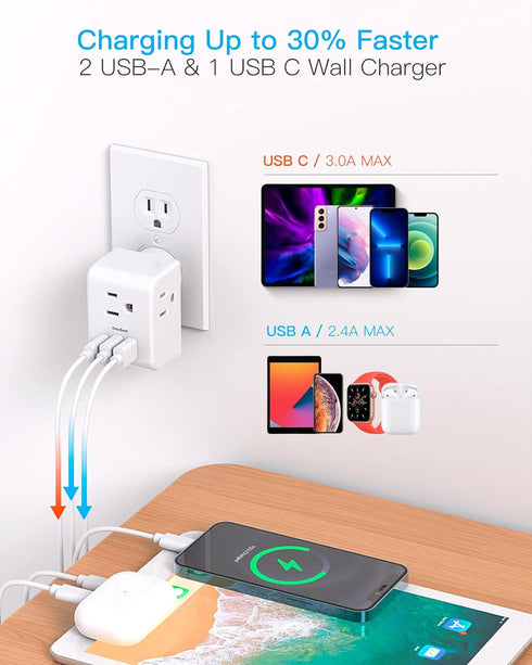 Multi Plug Outlet Extender, Non Surge Protector Electric Outlet Splitter with 3 USB Wall Charger (1 USB C) for