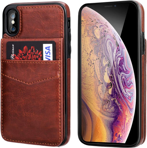 KIHUWEY Wallet Case for iPhone X/Xs - Premium Leather with Credit Card Holder, Heavy Duty Protective Cover (Brown)