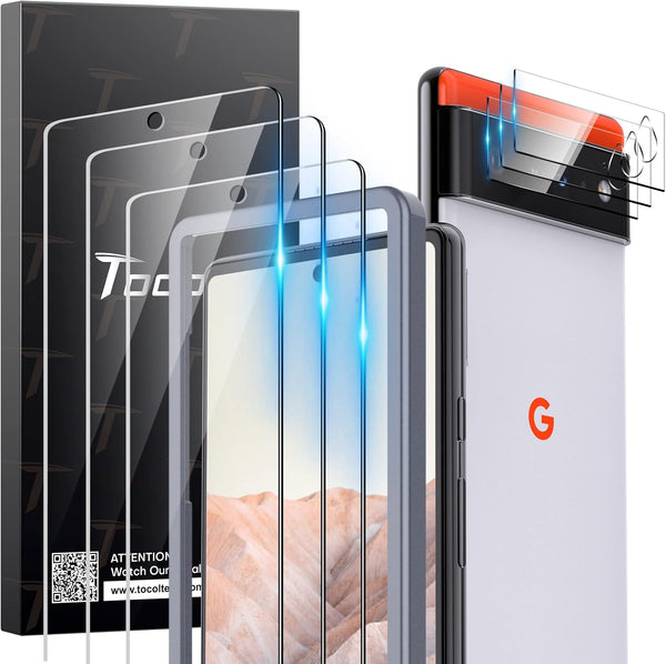 TOCOL 3 Pack Tempered Glass Screen Protector & 3 Pack Glass Camera Lens Protector for Google Pixel 6 5G, Case Friendly.