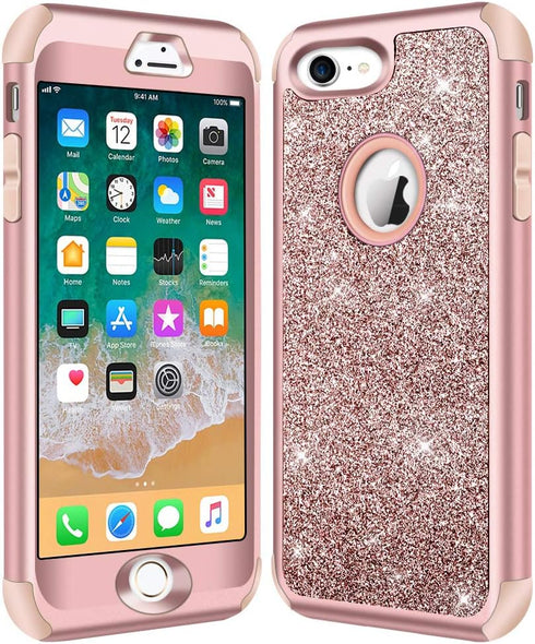 Hython Heavy Duty Full-Body Defender Case for iPhone 7 & 8, Rose Gold, Shockproof Hybrid Glitter Hard Shell Cover.