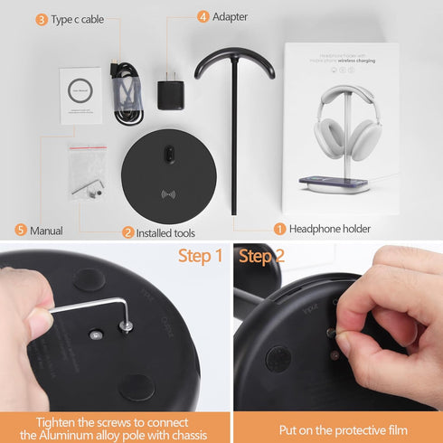 Headphone Stand with Wireless Charger, 2 in 1 Gaming Headset Holder Dock for iPhone 15/14/13/12/11, Samsung, AirPods