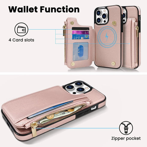 Delidigi Wallet Case for iPhone 14 Pro Max with Card Holder, Compatible with Mag-Safe, Flip PU Leather Zipper Pouch