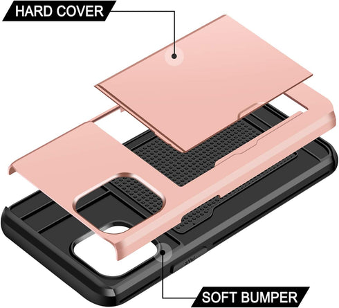 SAMONPOW Rose Gold Case for iPhone 13 with Card Holder, Dual Layer Hybrid Wallet Heavy Duty Protection