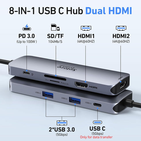 USB C Docking Station Dual HDMI Monitor, USB C to Dual HDMI Adapter with PD Charging, SD/TF, USB A&C 3.0 Ports