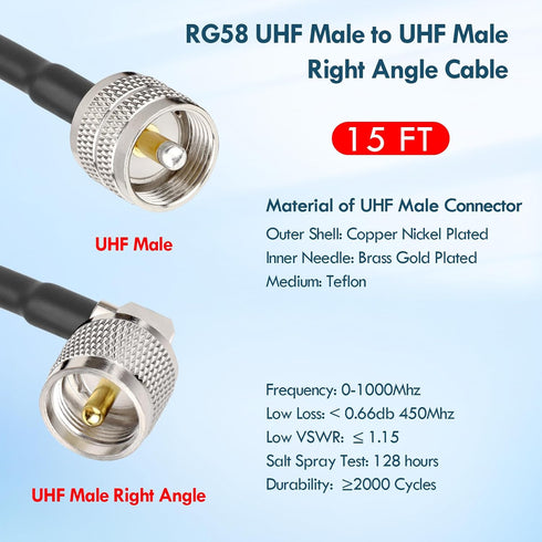 15FT RG58 PL-259 MOOKEERF CB Coax Cable - UHF Male to Male Right Angle Low Loss Coaxial Cable for CB Radio, HAM Radio