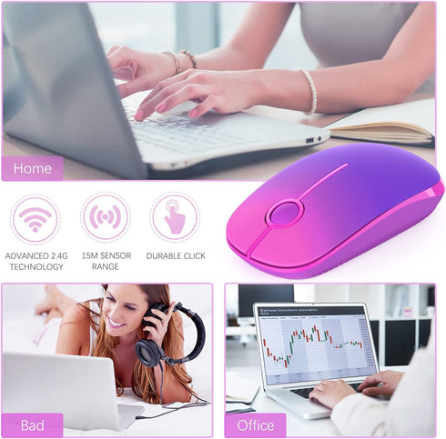 VssoPlor Wireless Mouse, 2.4G Slim Portable Computer Mice with Nano Receiver for Notebook, PC, Laptop (Gradient Purple)
