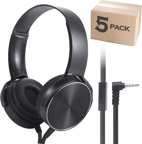 Kids Bulk Headphones with Microphone, 5 Pack for School, 3.5mm Audio Jack, Stereo Sound, OH450, Black