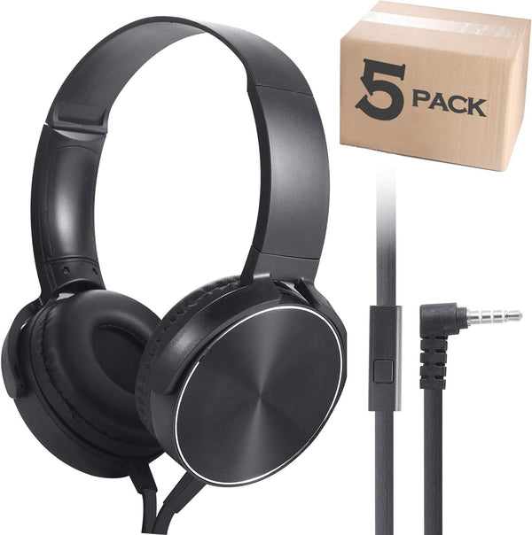 Kids Bulk Headphones with Microphone, 5 Pack for School, 3.5mm Audio Jack, Stereo Sound, OH450, Black